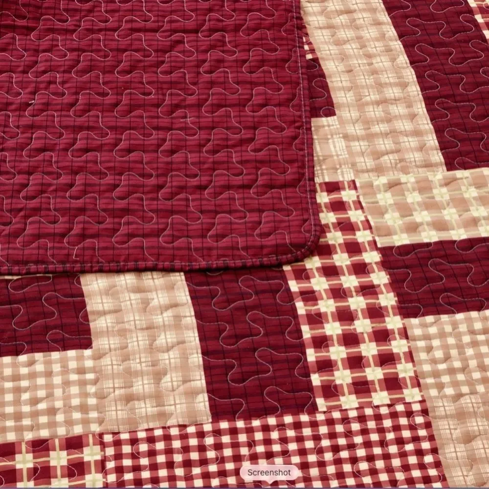 Farmhouse Primitive Burgundy Star Plaid Printed King Quilt Set Cottagecore